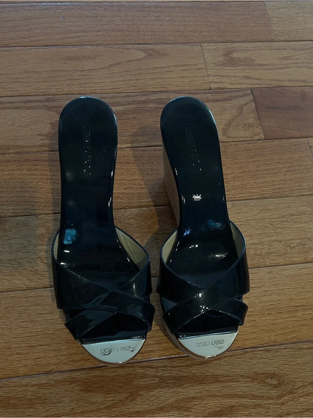 Jimmy Choo Black Patent Leather Cork Wedge Slides